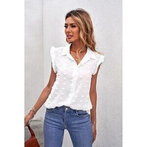 Boho Style White Turn down Collar Ruffle Polka Dot Tank Size Small RefI021‎